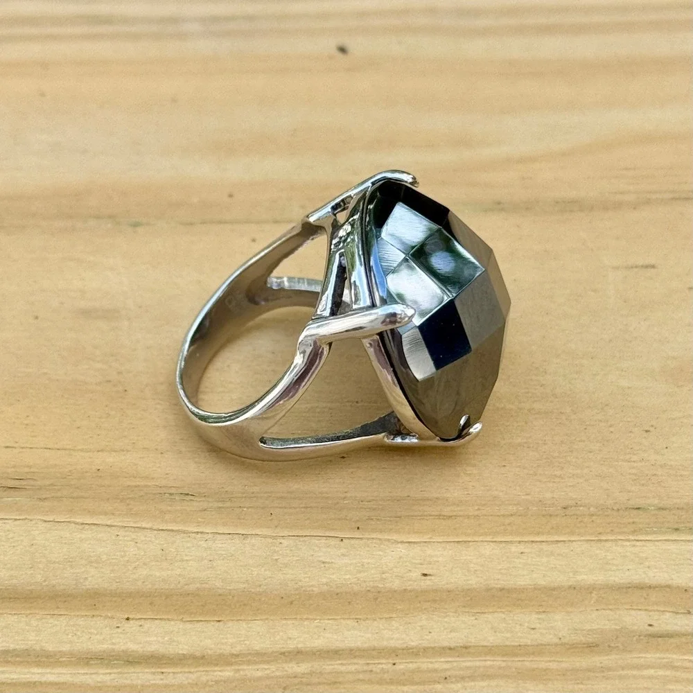 Milor China Silver Tone Hematite Checkerboard Faceted Round Cocktail Ring Size 9